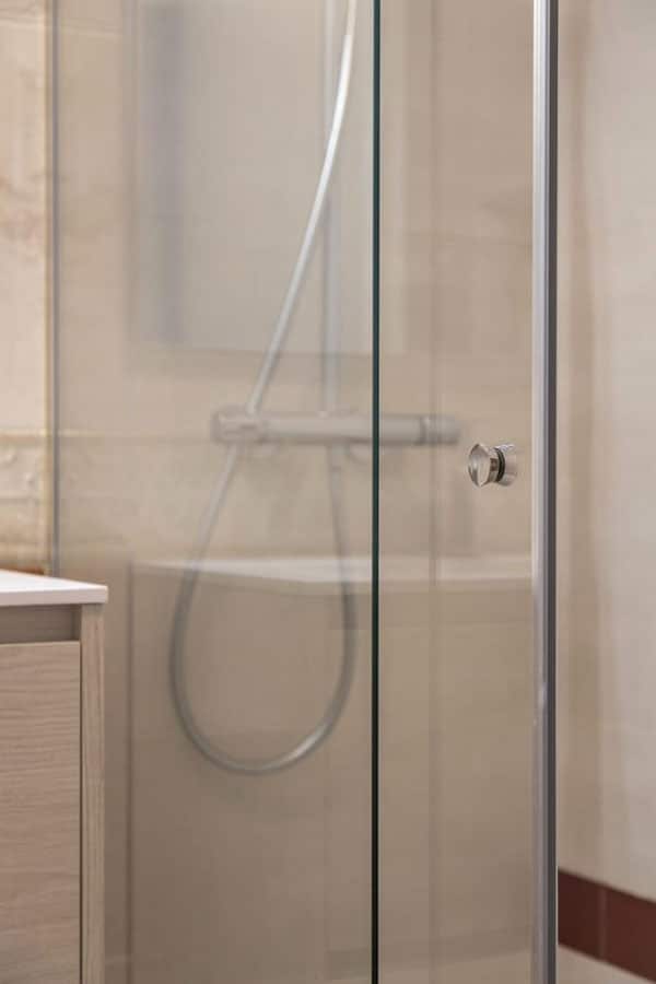 Detalle de mampara transparente e interior de la ducha